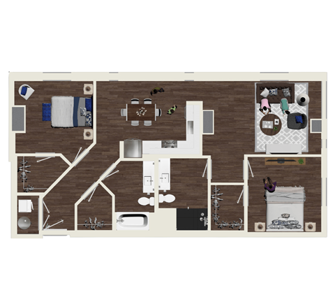 Floor plan for 2 beds, 2 baths, 1232 sqft